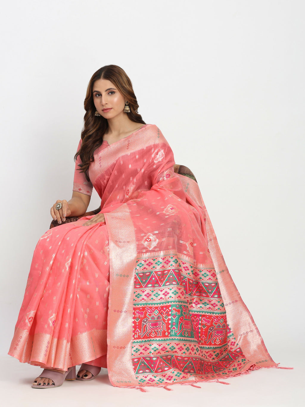 Shree Shyam Fashion Linen Cotton Peach Saree - Distacart
