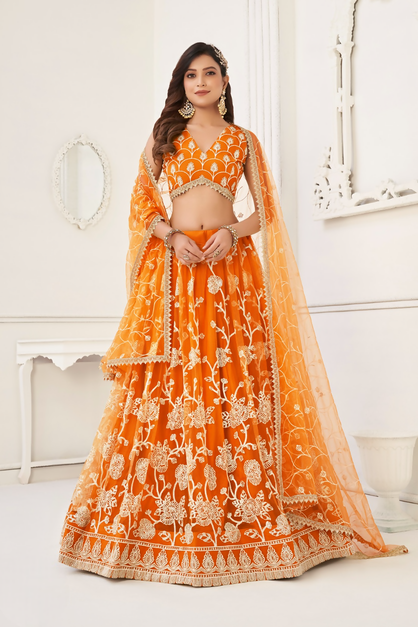 Eilara Women'S Orange Butterfly Net With Sequins And Embroidery Work Lehenga Choli For Wedding
