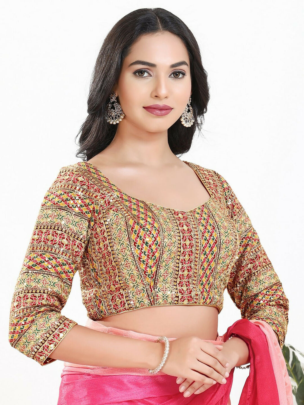 Joban Fashion Pink Multi Silk Padded Blouse With Sweetheart Neck 3/4 Sleeves - Distacart