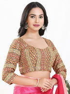 Joban Fashion Pink Multi Silk Padded Blouse With Sweetheart Neck 3/4 Sleeves - Distacart
