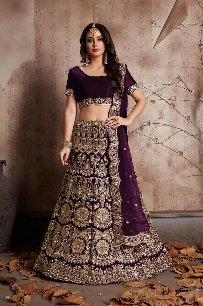 Jyoti Fashion Mesmerizing Wine Sequins Embroidered Velvet Lehenga Choli with Dupatta