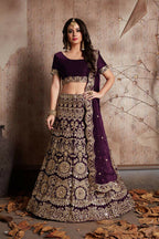 Jyoti Fashion Mesmerizing Wine Sequins Embroidered Velvet Lehenga Choli with Dupatta