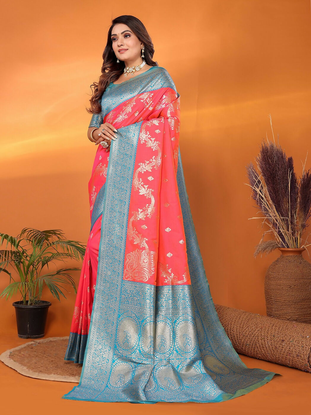 Joban Fashion Banarasi Tomato Red Woven Soft Silk Saree - Distacart