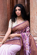 Joban Fashion Dark And Light Lilac Crepe Chiffon Pure Handloom Banarasi Silk Saree