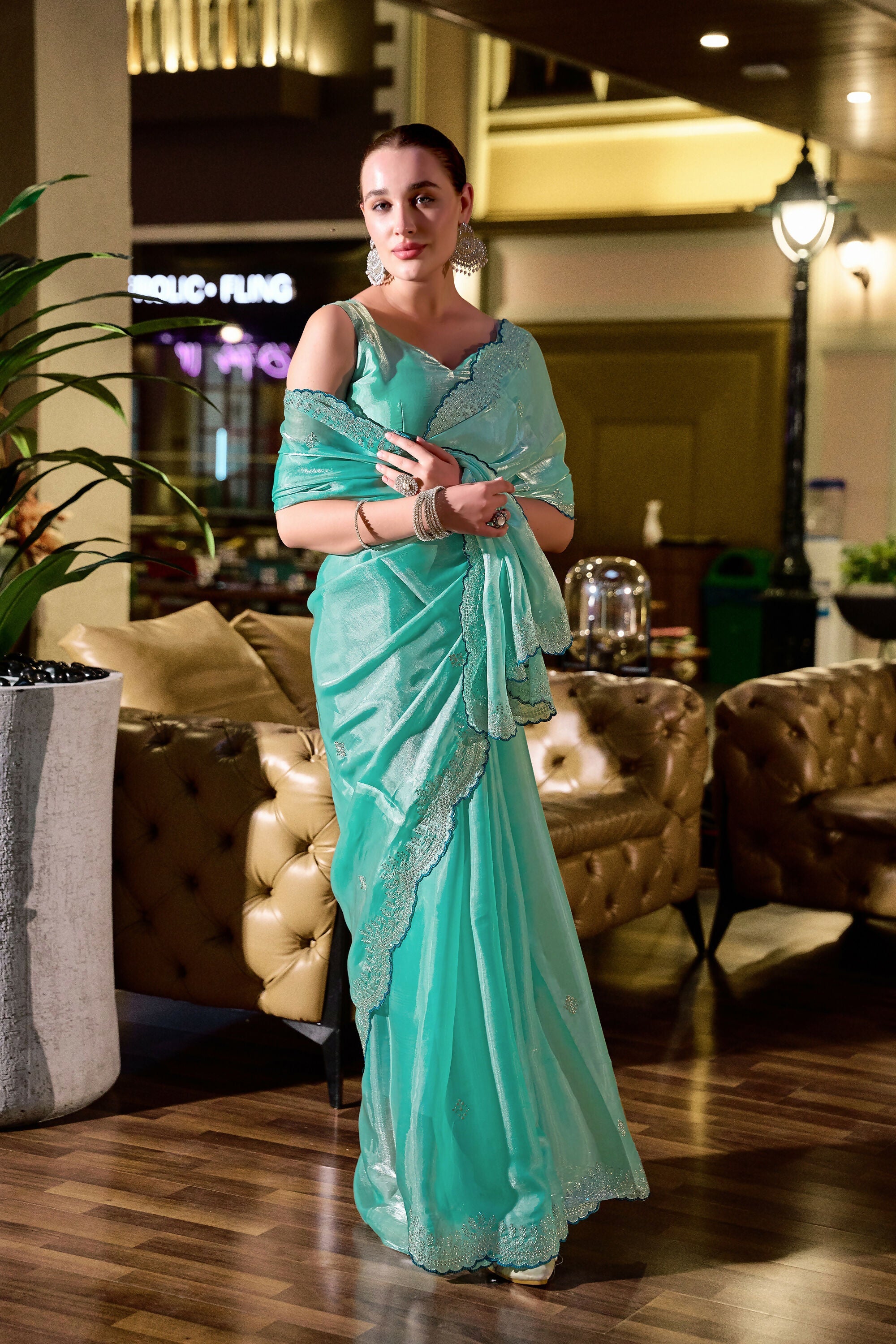 Vastranavya Turquoise Embroidery Work Shimmer Chiffon Saree with Unstitched Blouse - Distacart