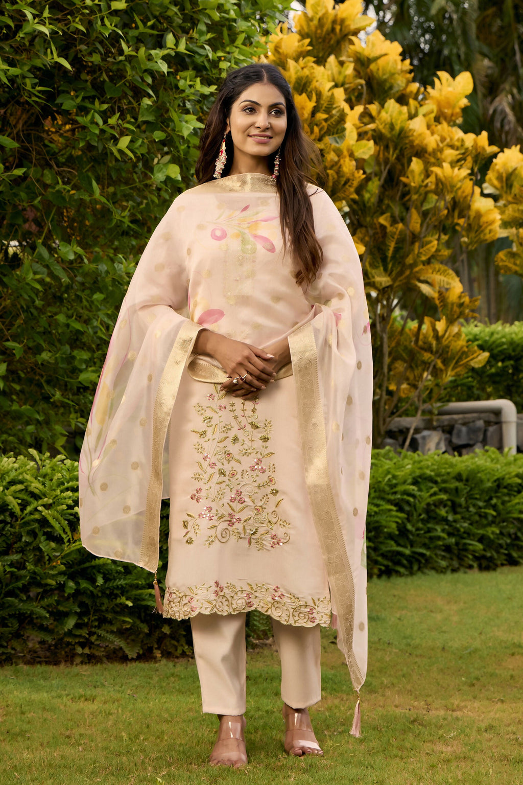 The52 Women's Beautiful Embroidery Work Roman Fabric Straight Kurta Pant and Dupatta Set - Distacart