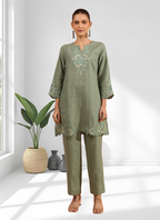Joban Fashion Pista Green Linen Embroidered Readymade Cord Set - Distacart