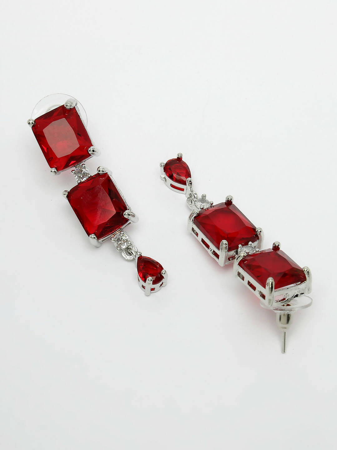 NVR Women Silver Plated & Maroon Cz Stone Handcrafted Jewellery Set