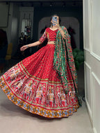 Vastranavya Navaratri Special Dola Silk Patola Print With Gamthi Work Lace Border Lehenga with Stitched Blouse - Red