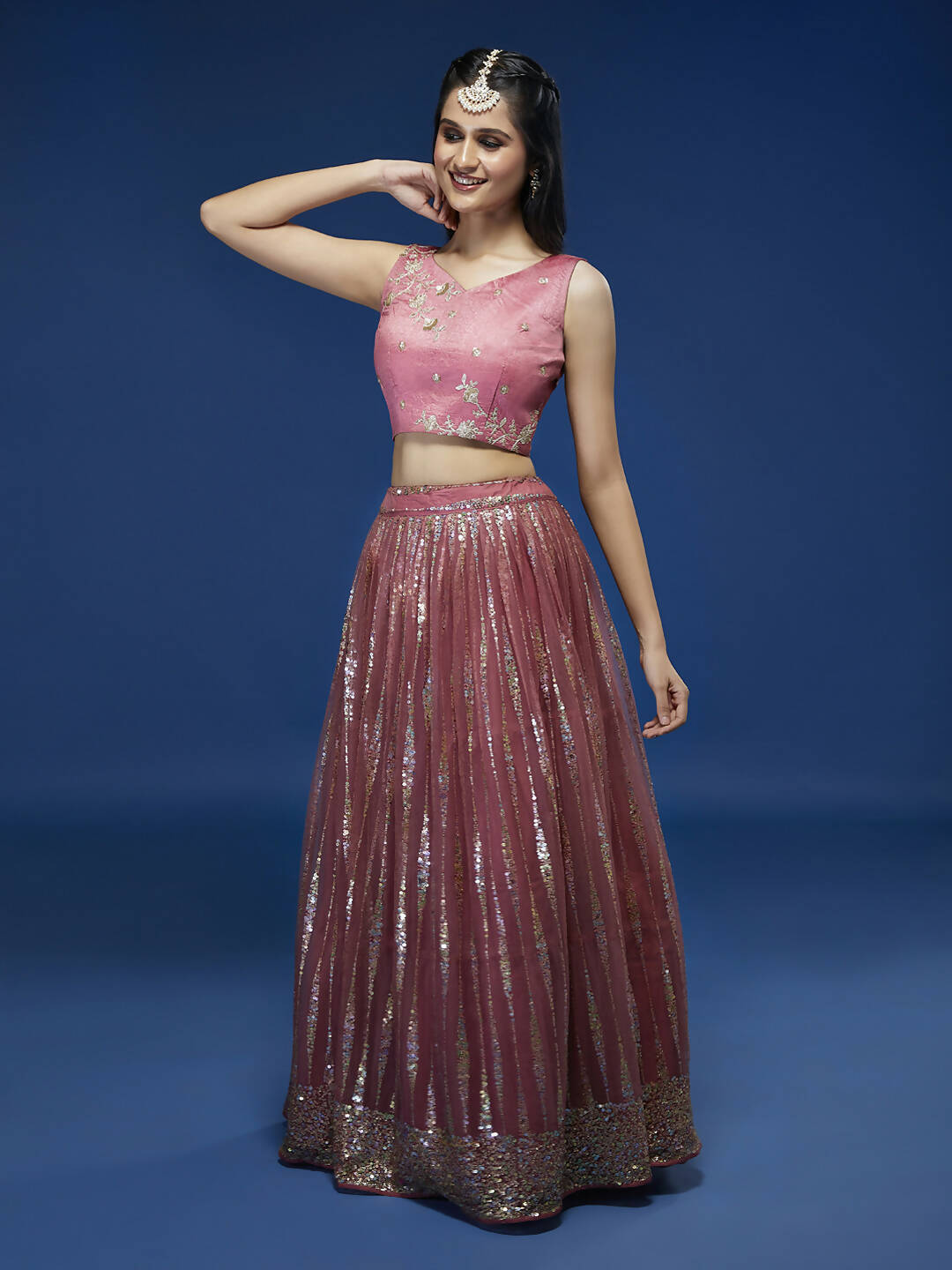 House of Panchhi Rose Gold Net Sequinse Work Lehenga & Blouse, Dupatta