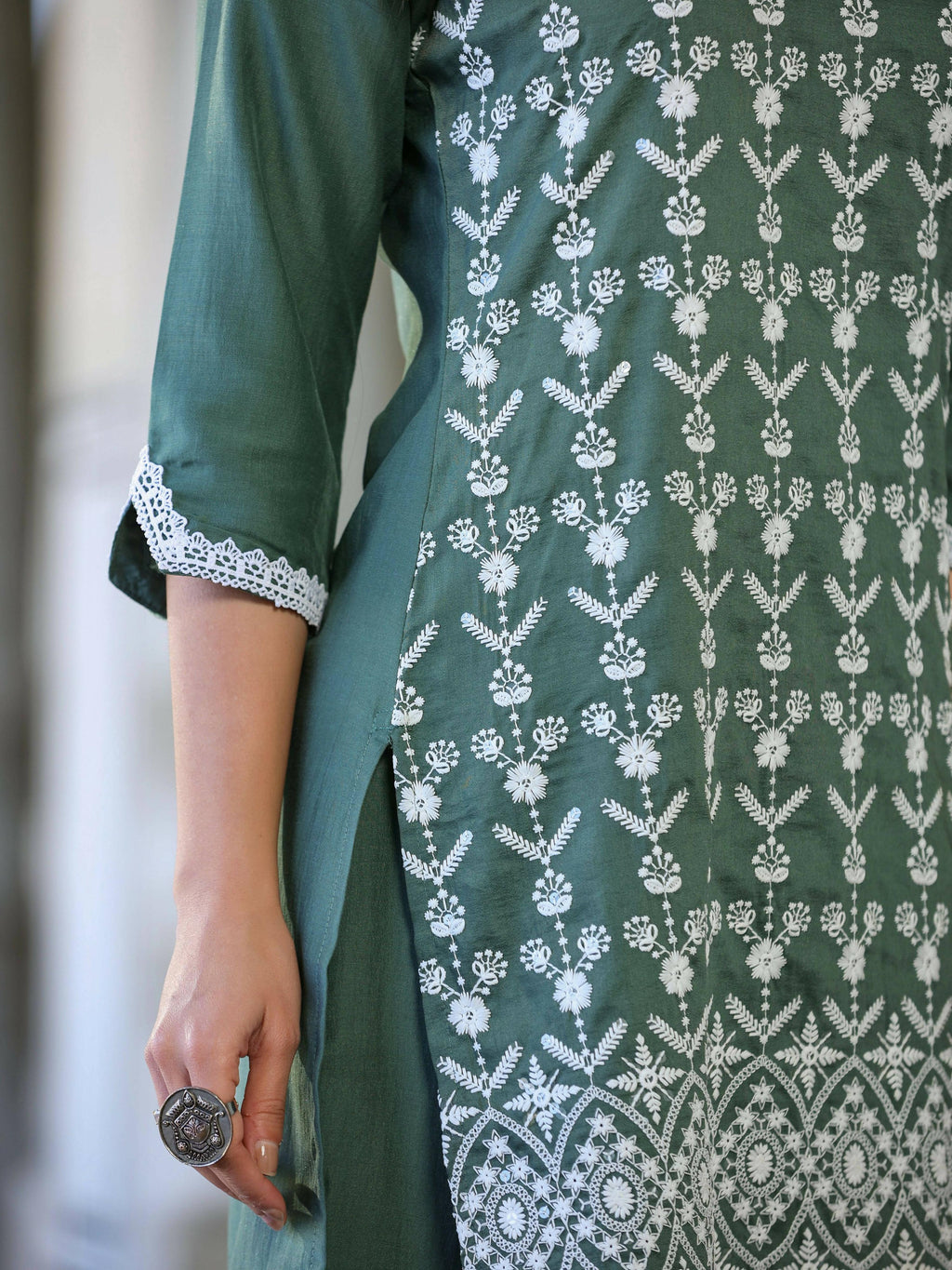 Juniper Women's Green Chinnon Embroidered Kurta Garara Set - Distacart