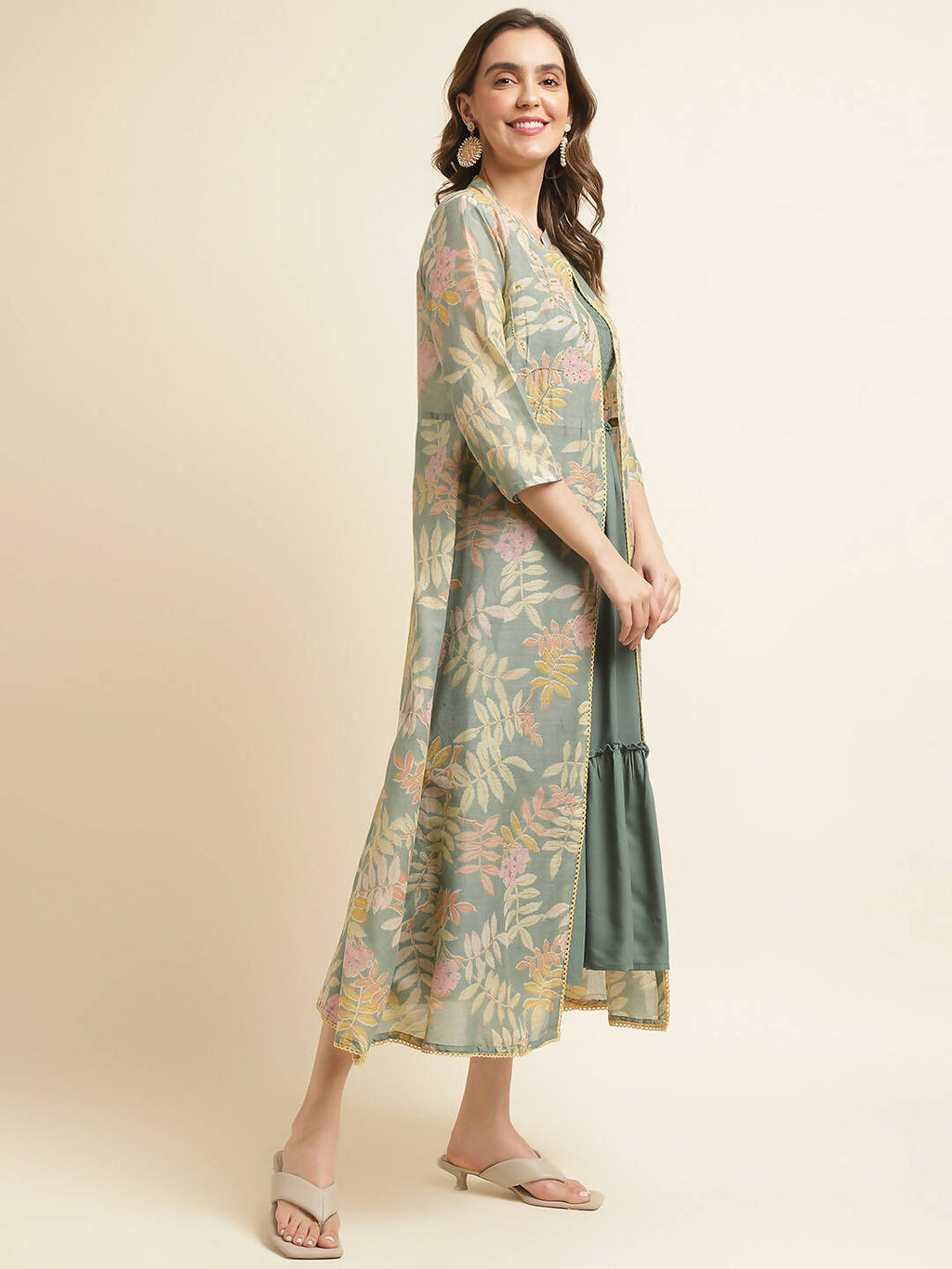 Green Cotton Solid Flared Dress with Printed Shrug - Yukti - Distacart
