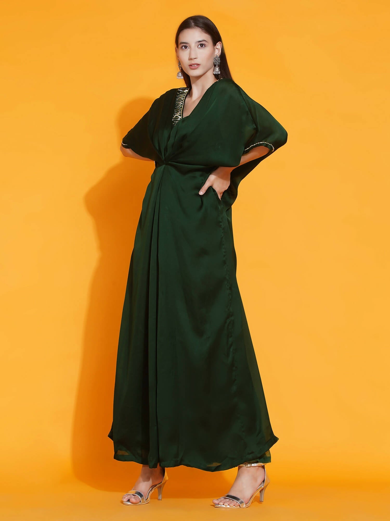 Women Republic Green Georgette Hand Embellished Kaftan Style Gown - Distacart