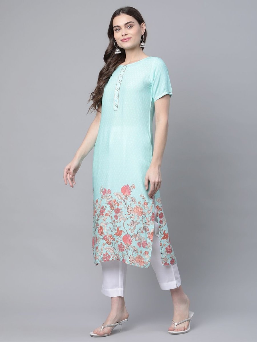 Ahalyaa Women Sky Blue Rayon Printed Kurta Pant Set