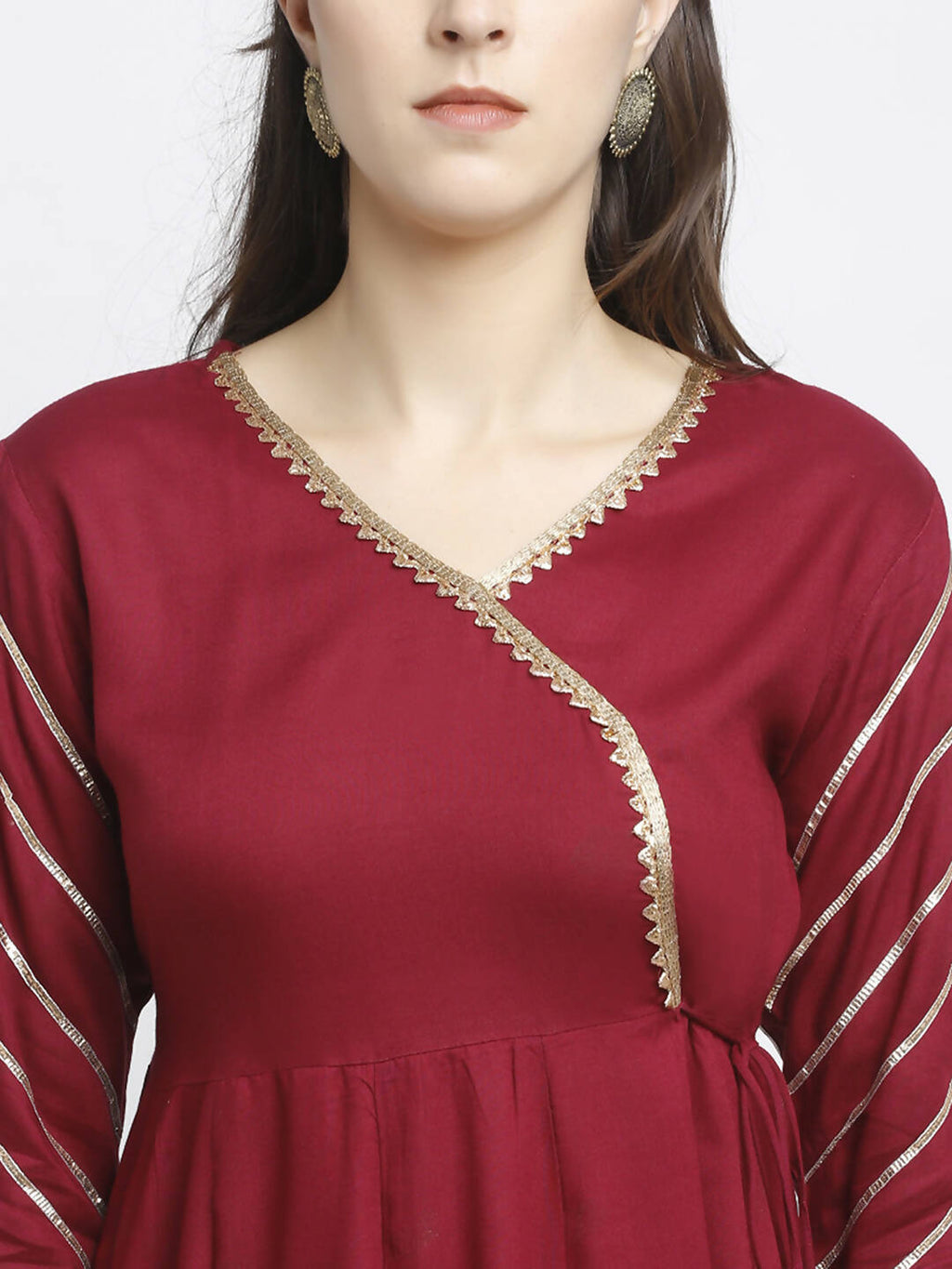 Rudra Bazaar Wine Angrakha Style Flared Anarkali Kurta with Pyjamas & Dupatta - Distacart