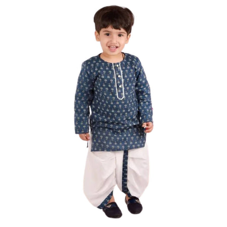 Little Bansi Girls Indigo and White Cplor Bengali Kantha work floral kurta with Dhoti
