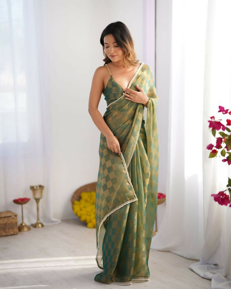 NC Chiffon Chex Wevon Chex Designer, Lace Party Wear Saree - Green