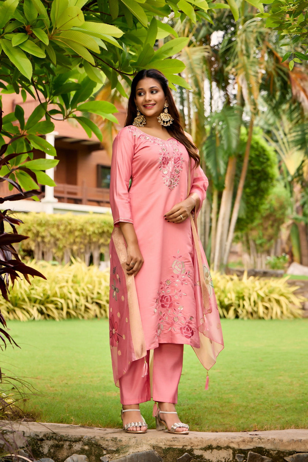 The52 Women's Beautiful Embroidery Work Roman Fabric Straight Kurta Pant and Dupatta Set - Distacart