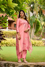 The52 Women's Beautiful Embroidery Work Roman Fabric Straight Kurta Pant and Dupatta Set - Distacart