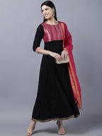 Myshka Women Black Peach-Coloured Colourblocked Cotton Anarkali Kurta - Distacart
