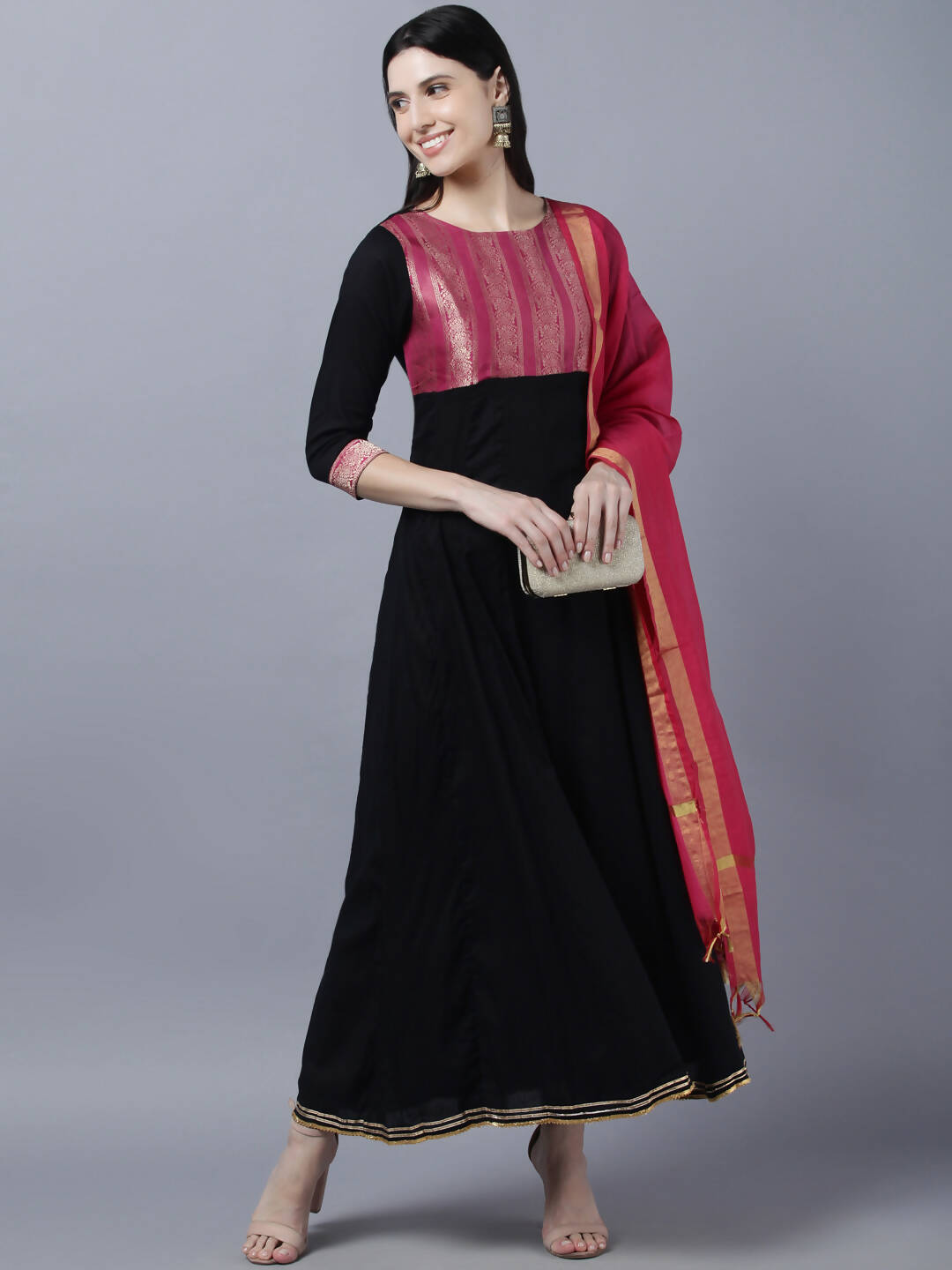 Myshka Women Black Peach-Coloured Colourblocked Cotton Anarkali Kurta - Distacart