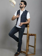 Even Apparels Checked Waistcoat With Welt Pockets - Navy Blue