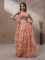 House of Panchhi Peach Organza Floral Printed Lehenga choli & Dupatta