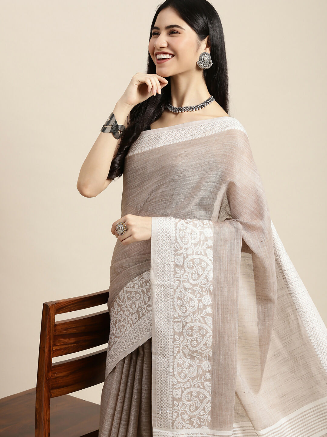Shree Shyam Fashion Linen Beige Saree - Distacart
