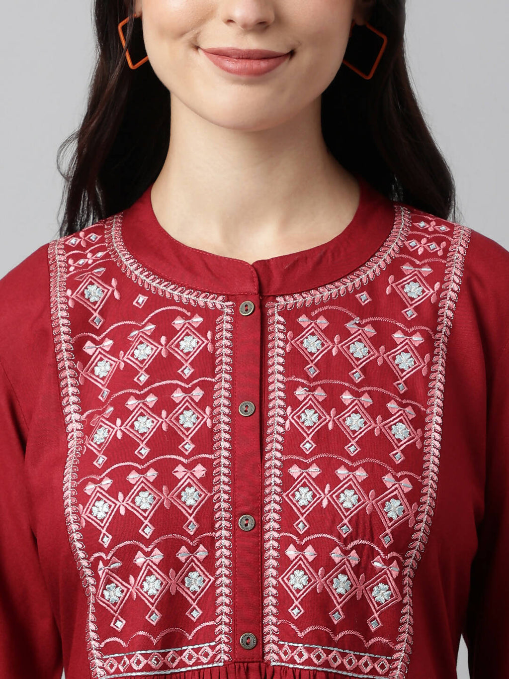 Red Rayon Yoke Embroidered A-line Top - Tarini