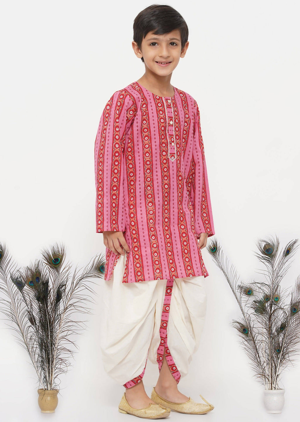 Little Bansi Boys Cotton Striped Kurta with Pearl Buttons & Dhoti -Pink & Cream