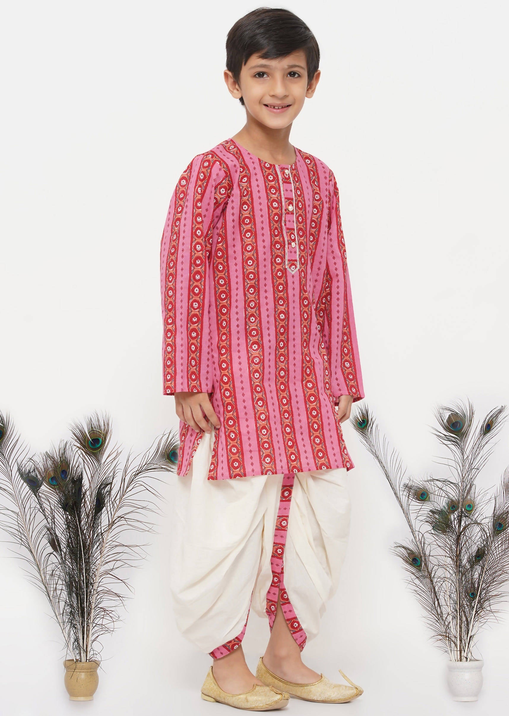 Little Bansi Boys Cotton Striped Kurta with Pearl Buttons & Dhoti -Pink & Cream