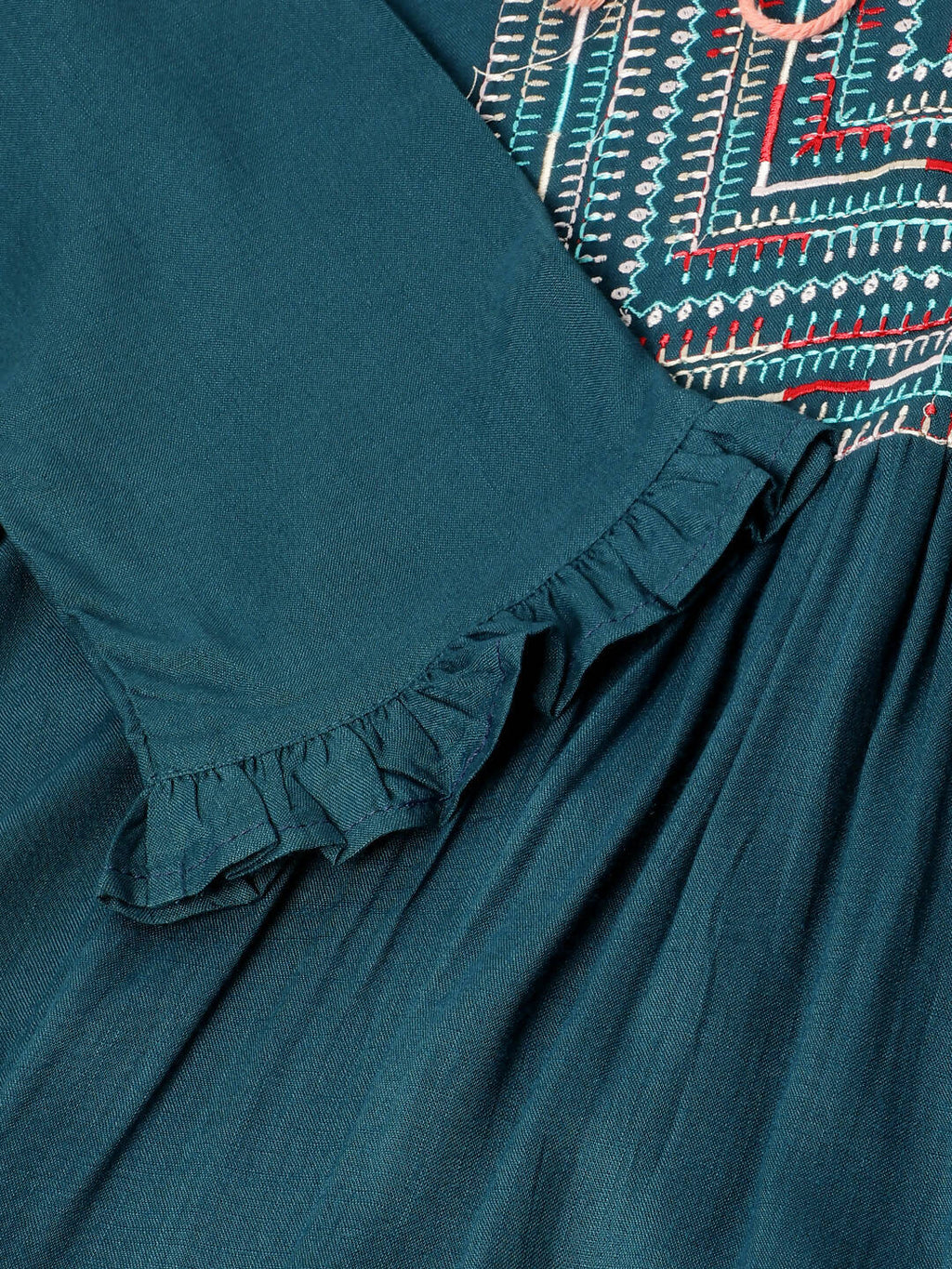 Teal Rayon Yoke Embroidered A-line Top - Tarini