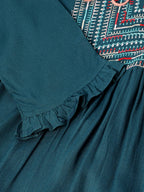 Teal Rayon Yoke Embroidered A-line Top - Tarini