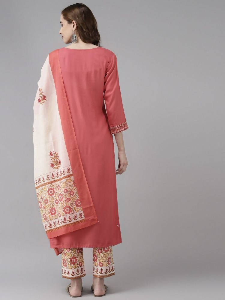 Yufta Women Pink Ethnic Motifs Embroidered Kurta with Palazzo & Dupatta