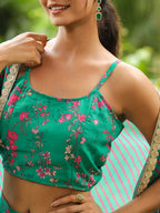 Janasya Green Georgette Floral Top Bottom Cape