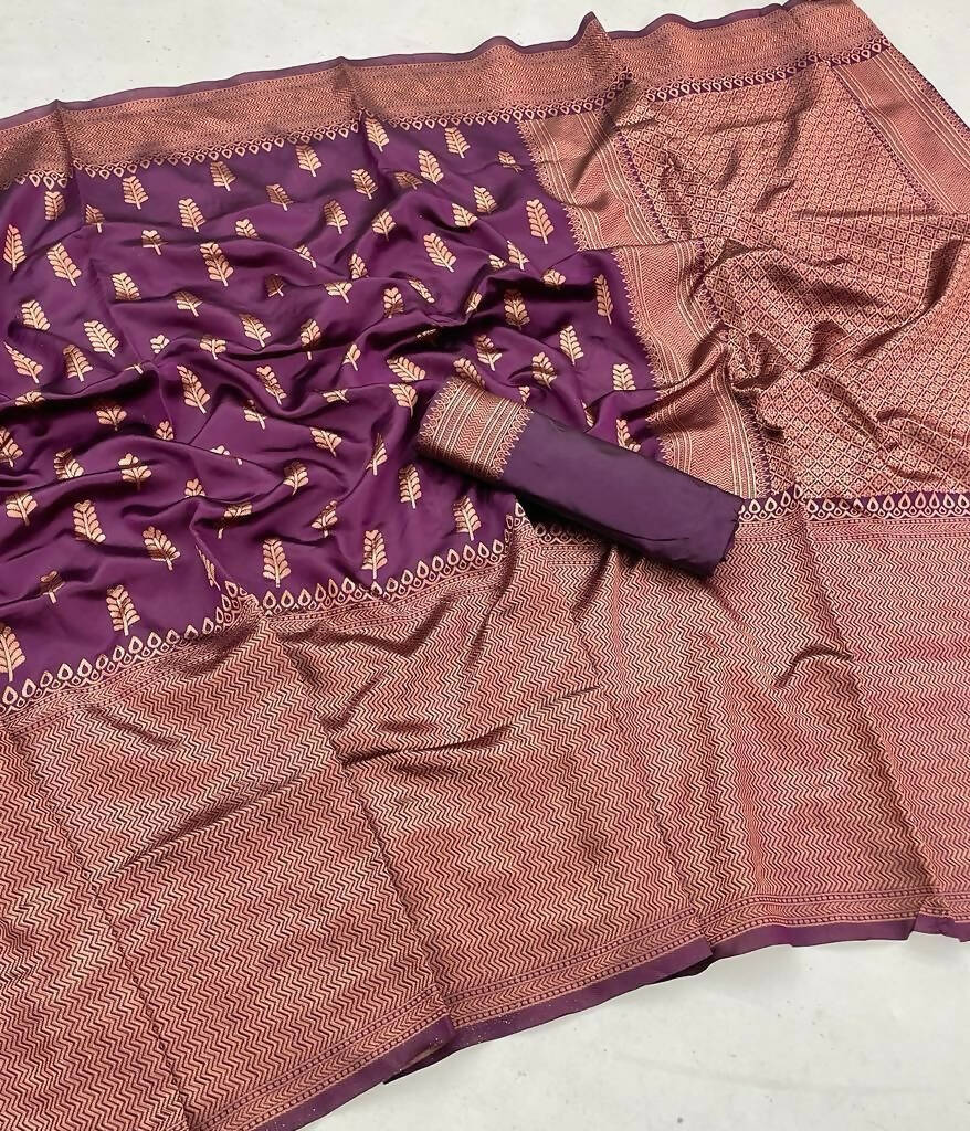 DEIANA'S Beautiful Designer Golden zari Soft Lichi Silk Saree - Wine