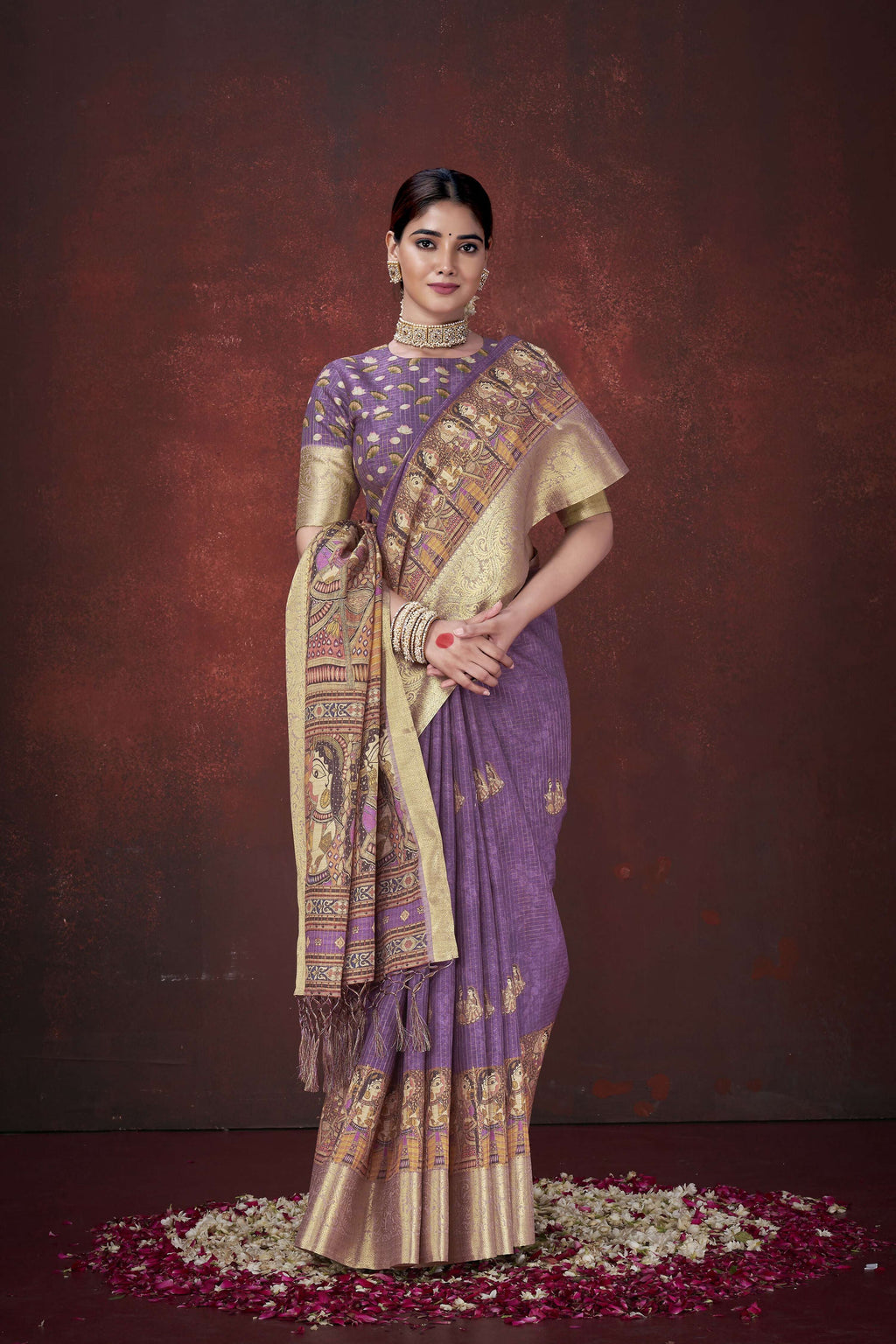 Purple Poly Habotai Silk Foil Print Saree with Unstitched Blouse - Kathari
