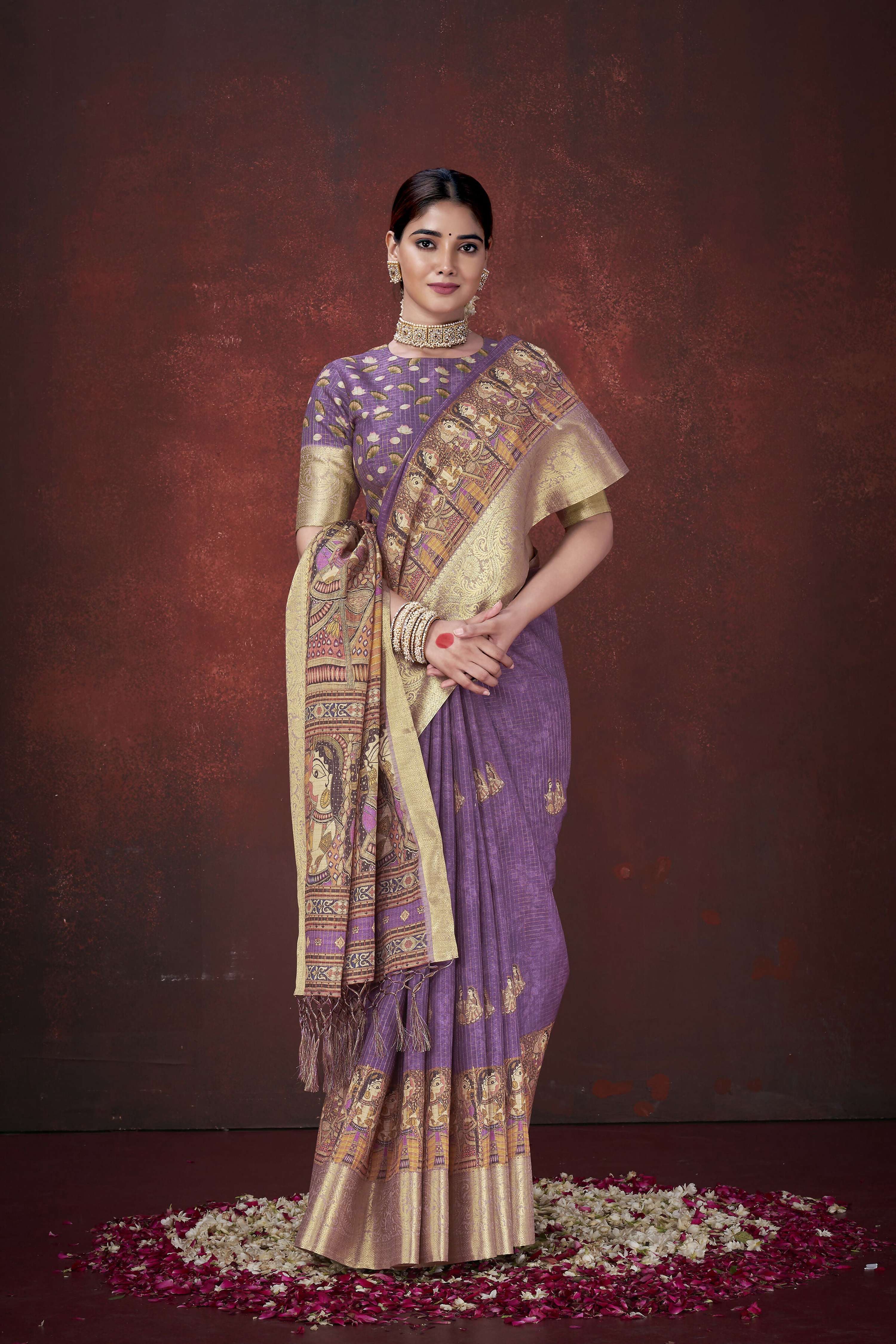 Purple Poly Habotai Silk Foil Print Saree with Unstitched Blouse - Kathari