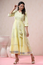 Juniper Yellow Solid Pure Cotton Solid Tiered Maxi Dress With Gota Work Dori Tie-Up & Cushioned Tassels At Waist - Distacart