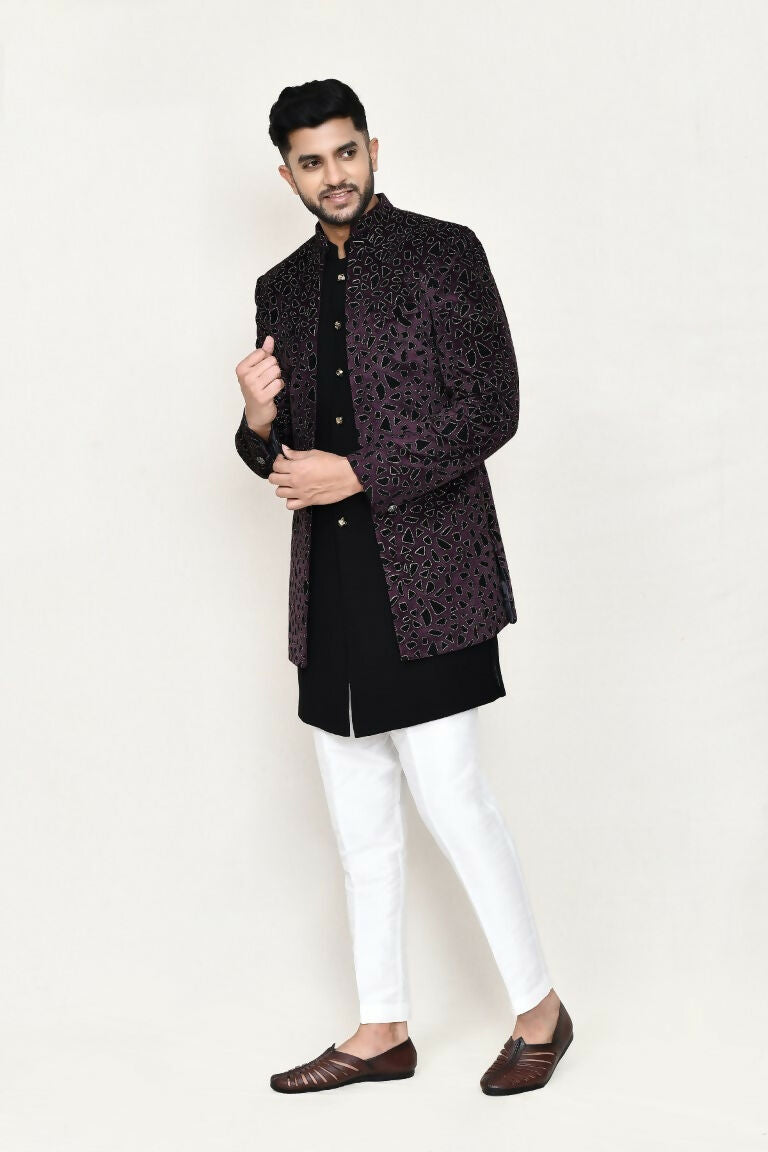 Joban Fashion Black Colored Velvet Based With Aplics Fabric Open Jacket, Indo Western With Pant