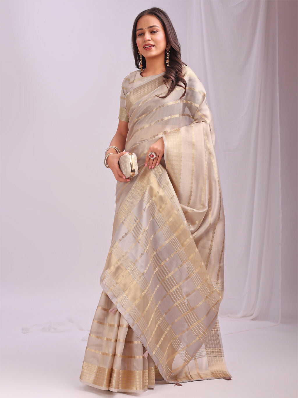 Shree Shyam Fashion Organza Cream Saree - Distacart