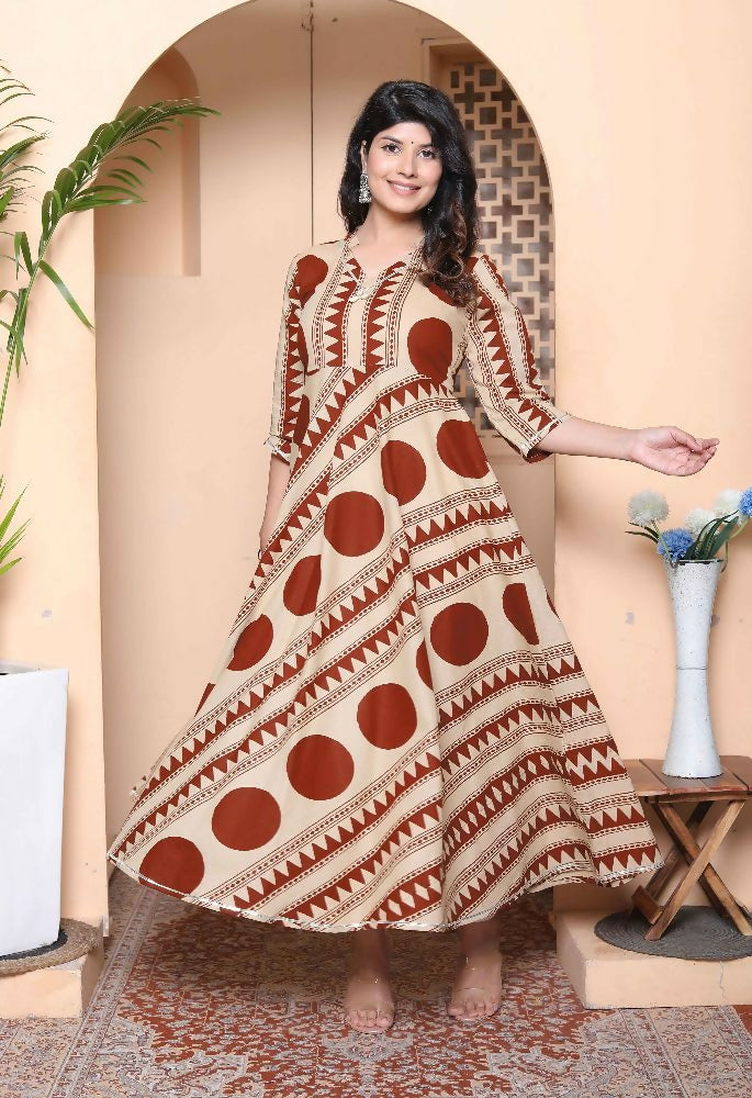 Miravan Womens Brown Printed V-Neck Anarkali Kurta - Distacart