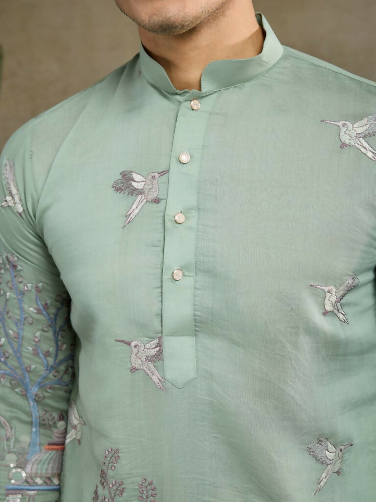 Vastranavya Pista Green Exclusive Festival Wear Viscose Silk Thread & Sequence Embroidered Work Kurta