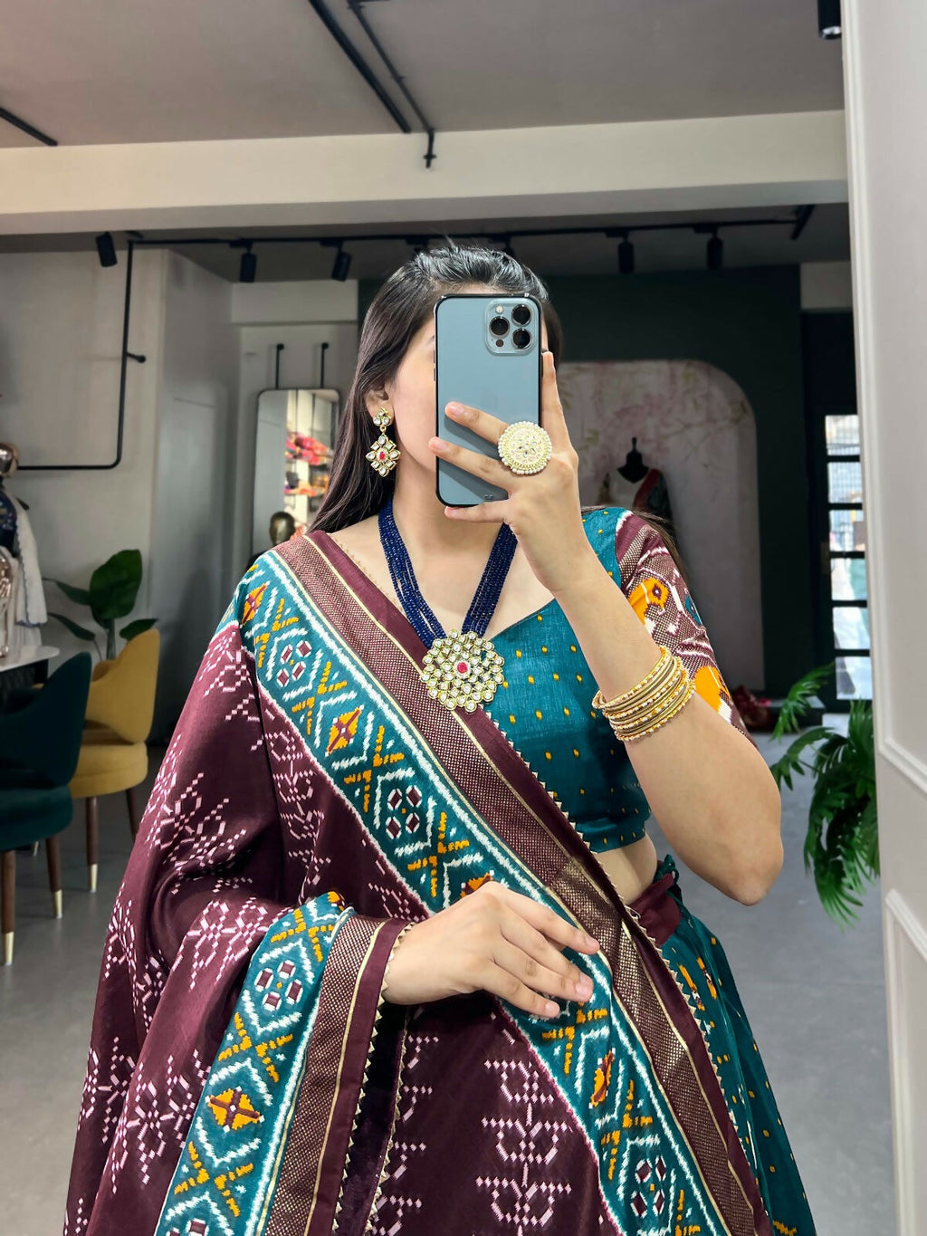 Vastranavya Traditional Ikkat Patola Print Tussar Silk Lehenga Choli - Teal
