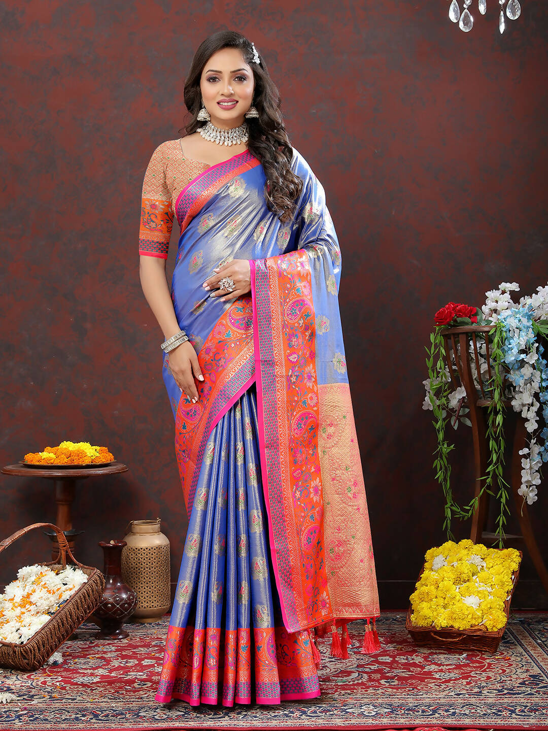 Lorenvalley Fashion Lavender Kanjivaram Silk Woven Design with Zari Weaving Saree