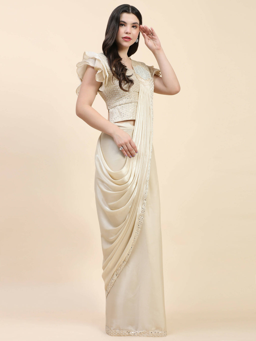 Beige Silk Satin Sequence Work Ready to Wear Saree with stitched Blouse - Nirvana