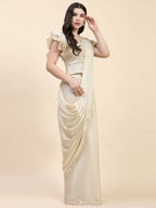 Beige Silk Satin Sequence Work Ready to Wear Saree with stitched Blouse - Nirvana