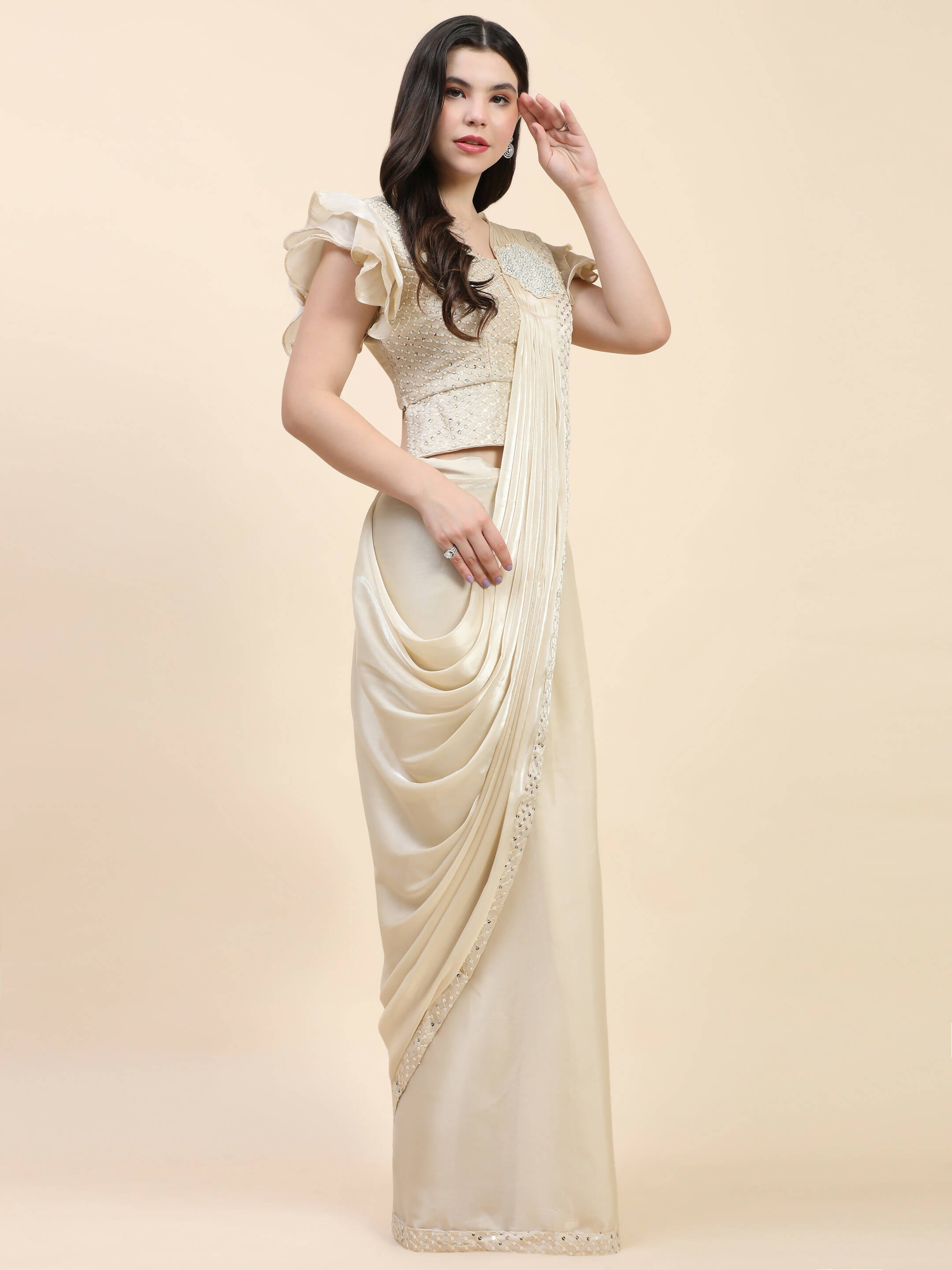 Beige Silk Satin Sequence Work Ready to Wear Saree with stitched Blouse - Nirvana
