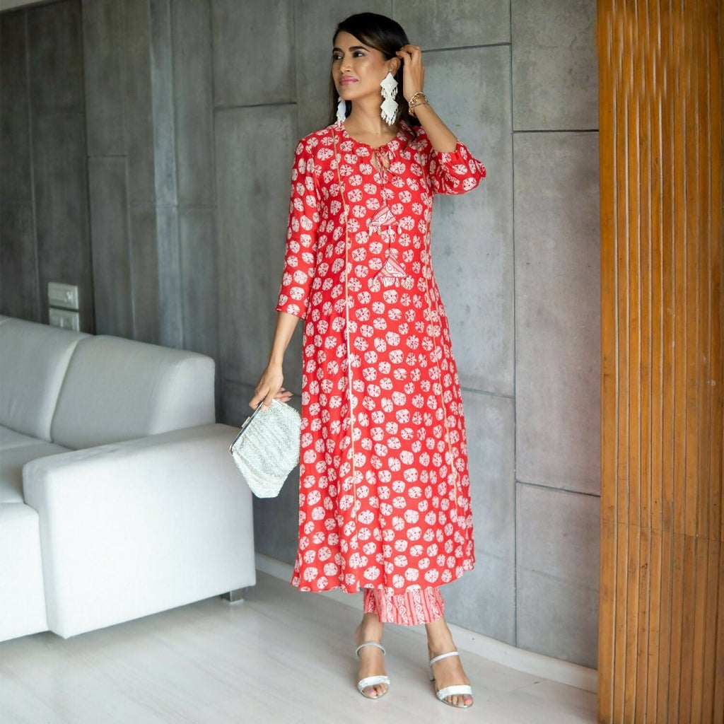 Aayaa Pure Muslin printed Kurti & Pant - Red