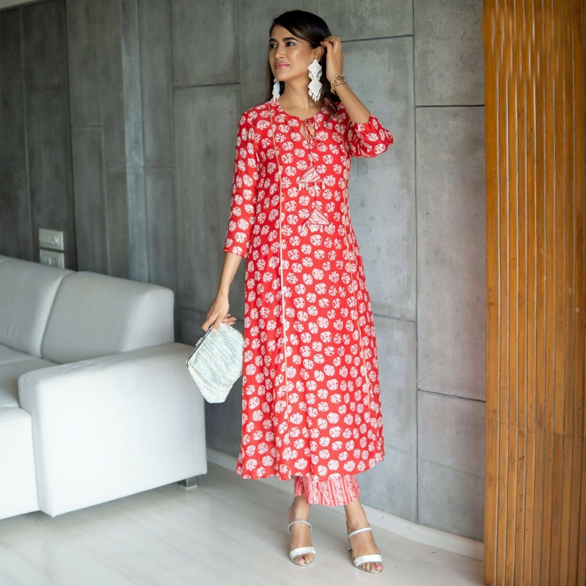Aayaa Pure Muslin printed Kurti & Pant - Red